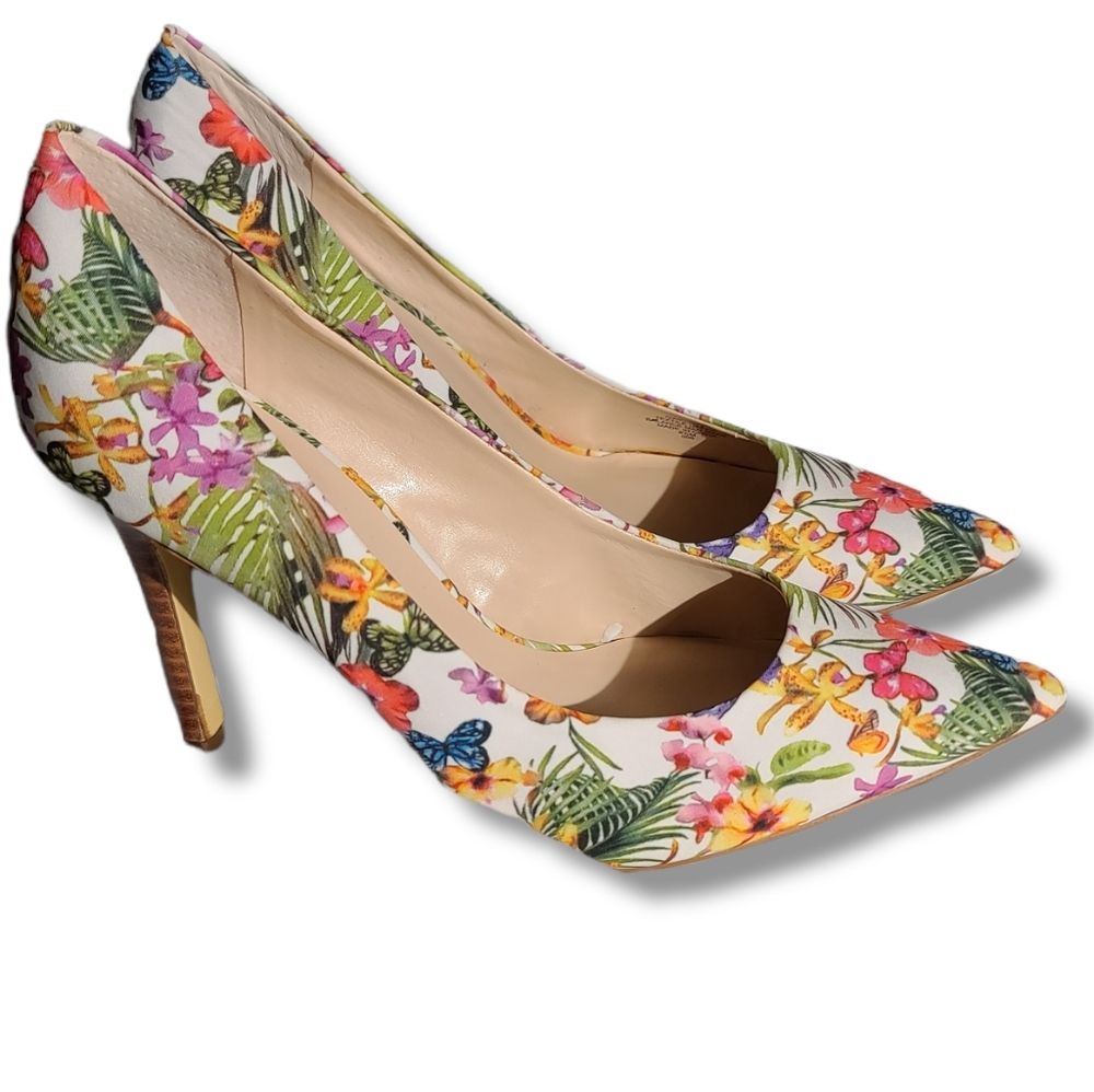Guess Stiletto Brown Hi Heels/Pumps  W/ Floral & Butterfly pattered Guess